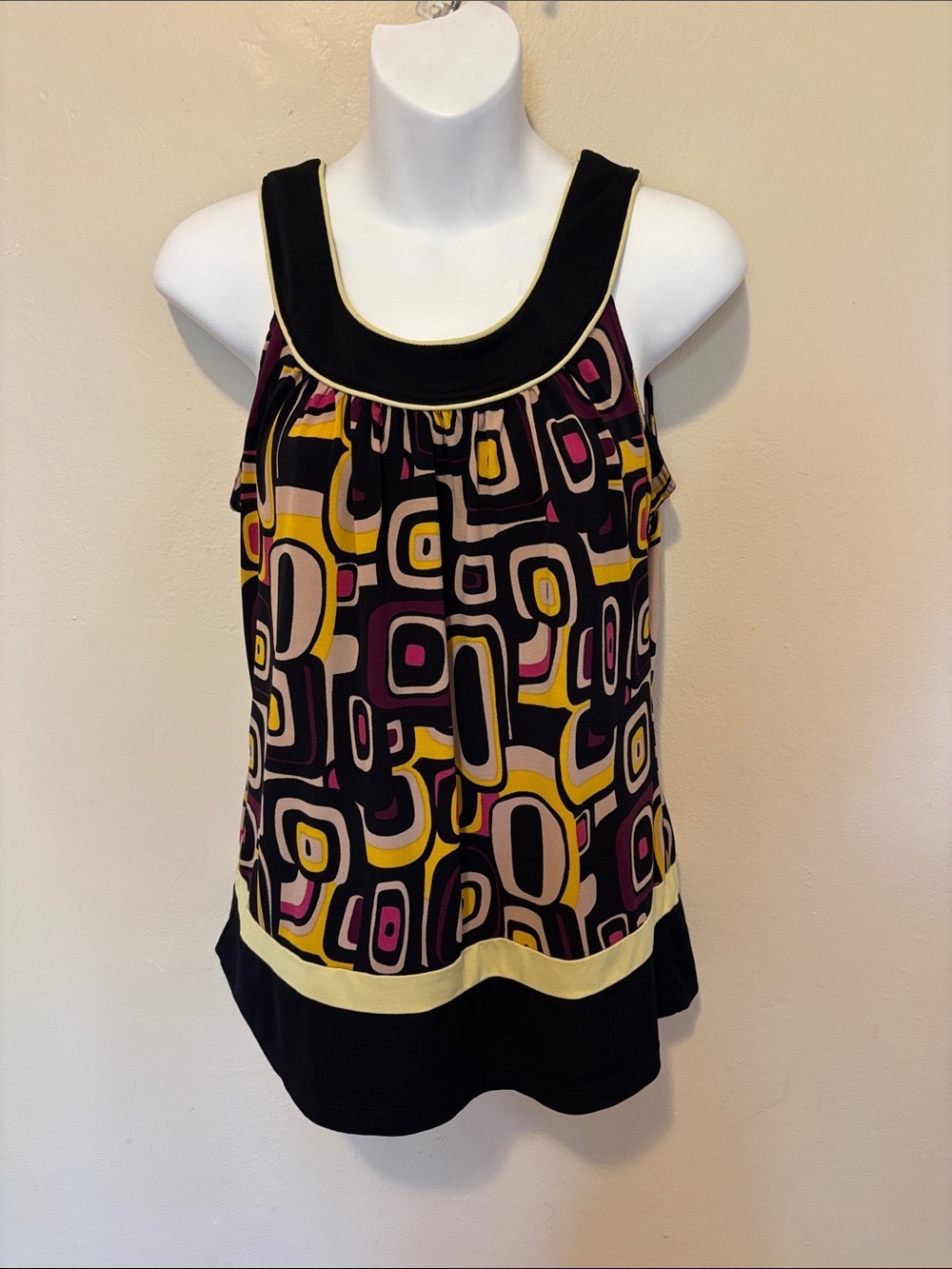 Rampage Black Geometric Tank with Yellow & Pink Accents